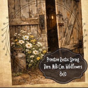 May include: A rustic image featuring a weathered wooden barn door slightly ajar, revealing a glimpse of the interior. A vintage milk can holds a bouquet of white and yellow wildflowers. The text reads "Primitive Rustic Spring Barn. Milk Can. Wildflowers 8x10."