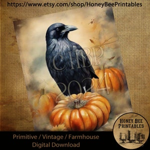 Vintage Digital Download Printable Sublimate Decoupage Primitive, Painting, Old Crow, Fall, Autumn, Watercolor, Crow on Pumpkins, Halloween