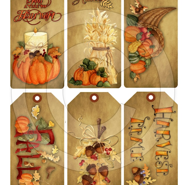 Primitive Harvest Autumn Fall Pumpkin Acorn Hang Tags 13123 Printable Digital JPEG File Instant Download Uses Dolls Bears Gifts Scrapbooking