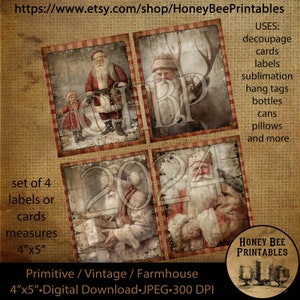 Vintage Primitive Instant Download Printable Decoupage, Christmas, Vintage Christmas, Vintage Santa Claus, Set of 4 cards, labels, ornaments
