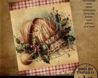 Könnte beinhalten: Ein digital druckbares Bild einer Vintage-Illustration einer rot-weiß gestreiften Haube mit Stechpalme und Beeren. Das Bild ist 8 Zoll mal 10 Zoll groß und ein digitaler Download im JPEG-Format mit 300 DPI. Das Bild eignet sich für die Verwendung in der Decoupage, zum Kartenbasteln, zum Etikettieren, zur Sublimation, für Anhänger, Flaschen, Dosen, Kissen und vieles mehr.