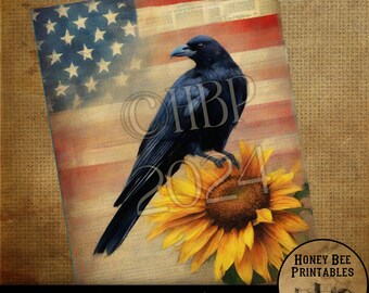Vintage digitale download afdrukbare sublimatie decoupage decoupage primitief, schilderij, patriottisch, americana, vlag, kraai, zonnebloem, kraai op zonnebloem