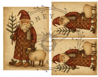 Descarga digital, Rústico, Imprimible, Decoupage, 5x7, 4x5, Arte popular, Papá Noel, Oveja, Navidad, Árbol, Arte popular, Primitivo