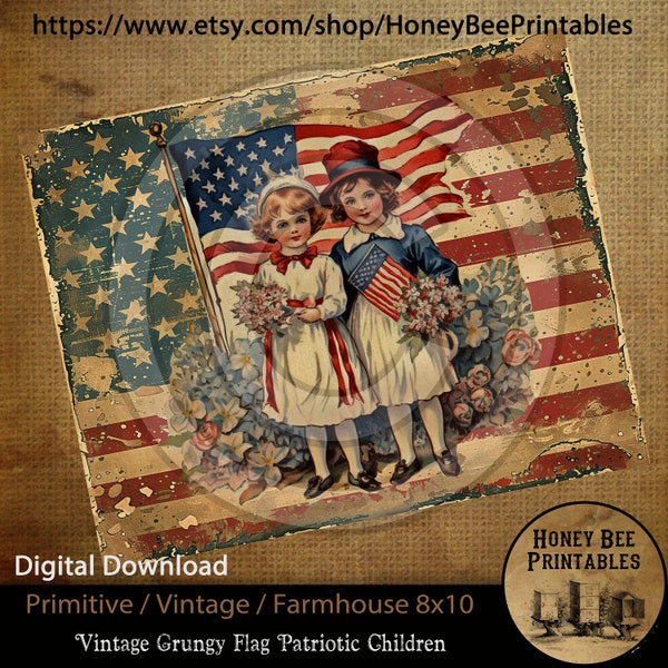 Vintage Primitive Farmhouse Digital Download Printable Sublimation Decoupage JPEG Labels Patriotic Grungy Flag Vintage Children USA America
