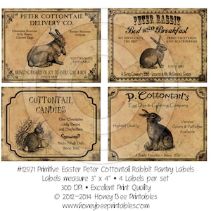 May include: Set of four vintage-style Easter labels featuring illustrations of rabbits and text that reads "Peter Cottontail Delivery Co.", "Peter Rabbit Bed and Breakfast", "Cottontail Candies", and "P. Cottontail's Egg Dye & Coloring Company".