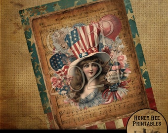 May include: A vintage-style digital printable featuring a woman wearing a large hat decorated with American flags and flowers. The background is a sheet of music with the words "Battle Hymn of the Republic" printed on it. The image is perfect for patriotic crafts and decor.