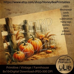 May include: A digital download of a watercolor painting featuring three pumpkins in front of a wooden fence with wheat stalks. The pumpkins are orange and yellow with a rustic, vintage style. The text "HBP" is visible in the upper center of the image. The text "Primitive / Vintage / Farmhouse 8x10 - Digital Download JPEG - 300 DPI" is visible at the bottom of the image.