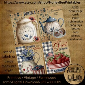 May include: Set of four 4x5 inch printable labels or cards featuring vintage-style illustrations of teapots, pitchers, and bowls with patriotic red, white, and blue colors. The designs include the words "America", "Summertime Tea", "Farmhouse Kitchen", and "Sweet Summertime".