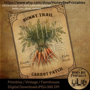 Digital Download, Printable, Decoupage, Primitive, Craft Supplies, Vintage, Rustic, Easter, Bunny, Carrots, Bunny Trail Carrot Patch, 8x10
