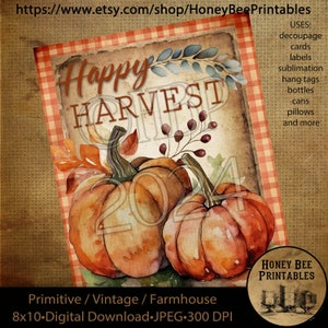 Vintage Digital Download Printable Sublimate Decoupage Primitive, Fall, Autumn, Happy Harvest, Farm, Pumpkins, Leaves, Orange Gingham