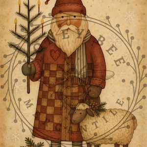 May include: A folk art illustration of a Santa Claus figure holding a candle-lit Christmas tree and a basket with a sheep. The Santa figure wears a red coat with a heart and checkered pattern, a hat, and a striped scarf. The background is beige with snowflakes.