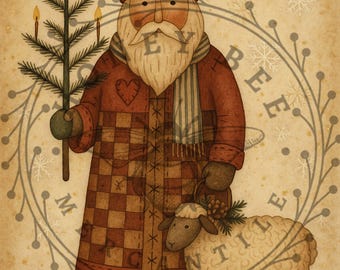 Impression d'art folklorique primitif Père Noël avec mouton : découpage et créations manuelles (téléchargement numérique 8 x 10)