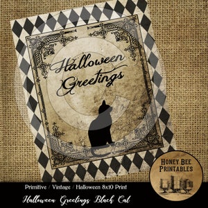 Primitive Vintage Printable Instant Download JPEG 8x10 - Card Making -  Frame It - Pillows Labels Tags - Halloween Greetings Black Cat