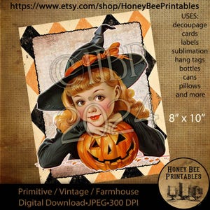 Digital Download, Digital Art, Printable, Decoupage, Vintage, Primitive, Fall, Autumn, Retro Halloween, Witches, Whimsical, Witch, 8x10, #3