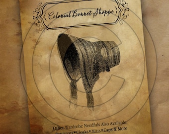 Primitive Colonial Bonnet Shoppe-Printable Digital Feedsack Logo JPEG File-Instant Download-Use for Pillows,Bears,Framed Prints,Labels