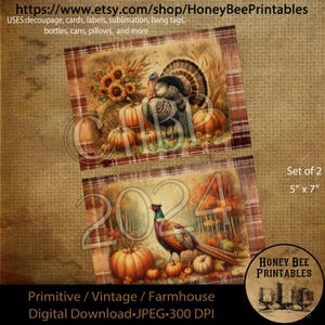Digital Download, Digital Art, Printable, Decoupage, Primitive, Craft Supplies, 5x7, Thanksgiving, Pumpkins, Turkey, Pheasant, Harvest, Corn