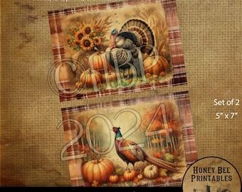 May include: Set of two printable images featuring a vintage farmhouse theme. The first image shows a turkey with pumpkins and sunflowers. The second image shows a pheasant with pumpkins and fall leaves. Both images are 5 inches by 7 inches.