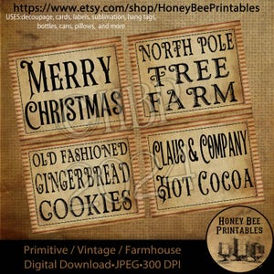 Digital Download, Digital Art, Printable, Decoupage, Primitive, Craft Supplies, Set / 4, 4x5, Christmas, Gingerbread, North Pole, Hot Coca
