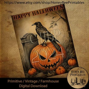 May include: A vintage-style Halloween printable featuring a jack-o'-lantern with a menacing grin, a crow perched on a tombstone, and the text "Happy Halloween 2024".