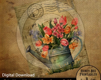 May include: A digital download of a vintage-style image featuring a watering can filled with tulips and other flowers. The image has a rustic, farmhouse aesthetic and is perfect for crafting projects or home decor.