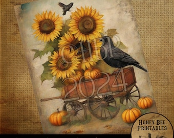 Vintage Digital Download Printable Sublimate Decoupage Primitive, Painting, Fall, Autumn, Watercolor, Halloween, Wagon, Sunflowers, Crow