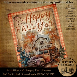 Descarga digital vintage, imprimible, sublimar, decoupage, primitivo, otoño, feliz otoño, granja, camión viejo, calabazas, hojas