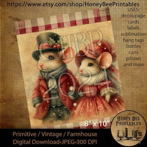 Digital Download, Printable, Decoupage, Vintage,  Primitive, Farmhouse, 8x10, Christmas, Victorian Mice, Christmas Mice, Mouse, #3