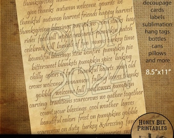 Pode incluir: Download digital imprimível com uma lista de palavras e frases de outono e Ação de Graças em uma fonte marrom rústica em um fundo bege. O texto inclui "give thanks", "pumpkin spice", "fall", "harvest", "gobble", "scarecrows", e "turkey". O texto é cercado por uma textura de juta marrom. A imagem também inclui o texto "8.5"x11" e "Honey Bee Printables".
