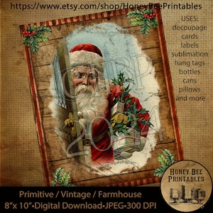 vintage, téléchargement immédiat, découpage imprimable, Noël, père Noël vintage, père Noël primitif, père Noël, père Noël, père Noël à la porte