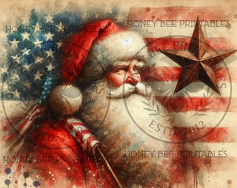 Descarga digital, imprimible, decoupage, primitivo, suministros para manualidades, Papá Noel, Papá Noel del Viejo Mundo, estilo americano, patriótico, estrella oxidada, A4