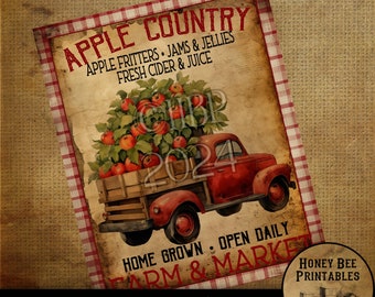 Vintage Primitive Farmhouse Digital Download Printable Sublimation Decoupage Labels, Old Truck, Apples, Apple Country, Farmers Market, Fruit