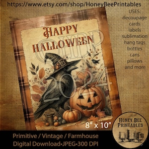 Digital Download, Printable, Decoupage, Vintage, Primitive, Fall, Autumn, Crows, Jack-O-Lantern, Happy Halloween, 8x10 labels, tags, 1