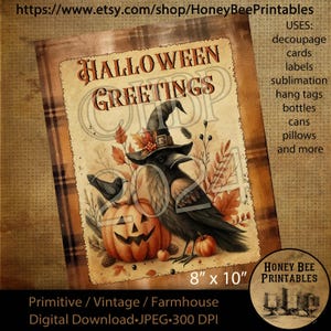 Digital Download, Printable, Decoupage, Vintage, Primitive, Fall, Autumn, Crows, Jack-O-Lantern, Halloween Greetings, 8x10 labels, tags, 1