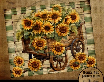 May include: A digital download of a vintage-style farmhouse print featuring a wooden wagon filled with sunflowers. The wagon is on a green and white checkered background with a burlap texture. The print is 8x10 inches.
