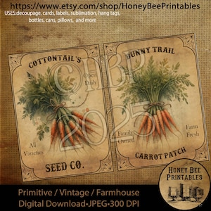 Op de afbeelding: Twee vintage-stijl zaadpakketlabels met illustraties van bosjes wortels. De labels zijn getiteld "Cottontail's Seed Co." en "Bunny Trail Carrot Patch".