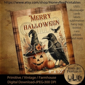 Digital Download, Printable, Decoupage, Vintage, Primitive, Fall, Autumn, Crows, Jack-O-Lantern, Merry Halloween, 8x10 labels, tags, 1