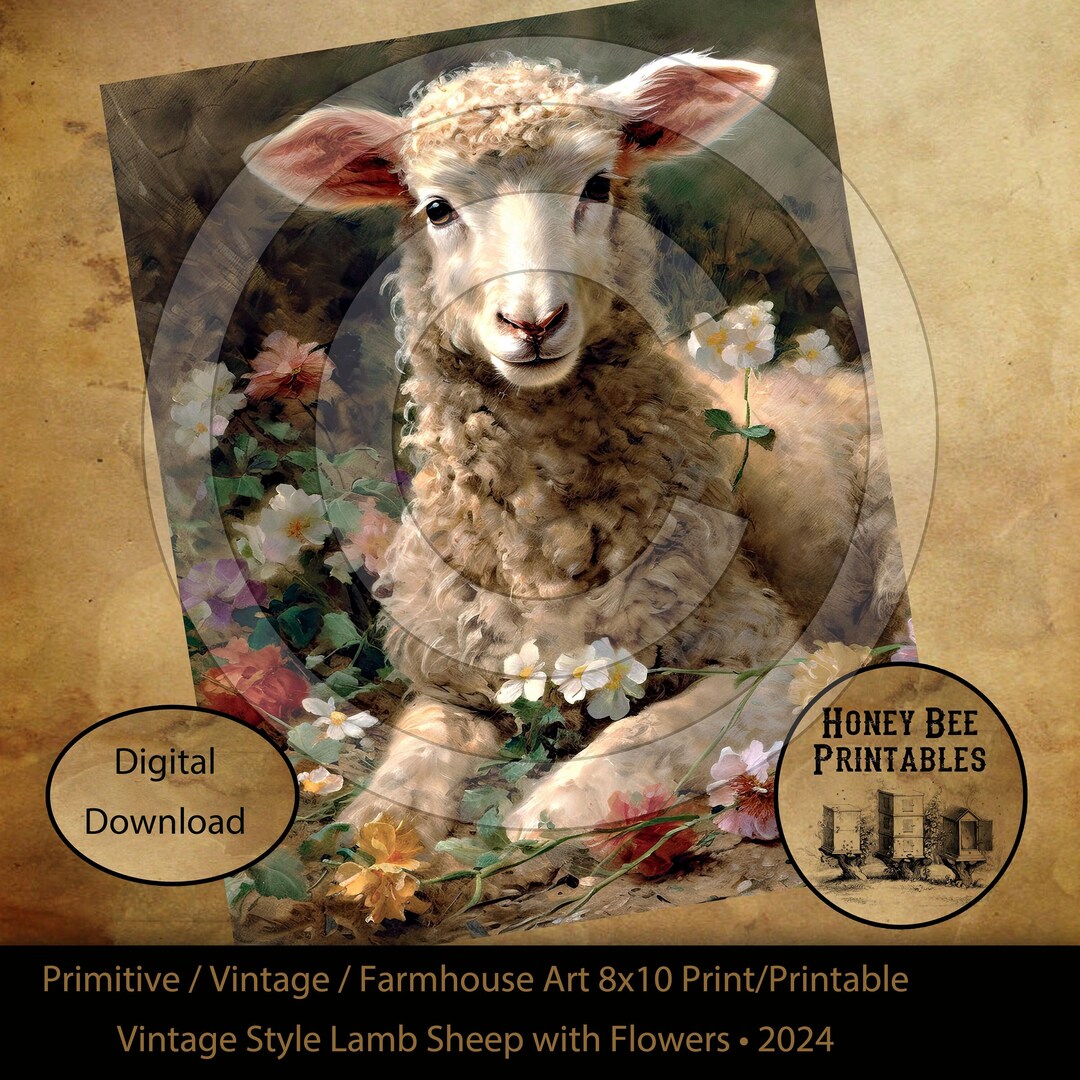 Vintage Primitive Farmhouse Style Lamb Sheep Flowers Spring Easter ...