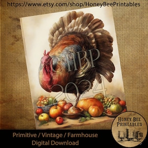 Vintage Digital Download Printable Sublimate Decoupage Primitive, Painting, Fall, Autumn, Watercolor, Beautiful Turkey, Thanksgiving 03