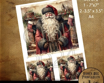 Descarga digital, arte digital, imprimible, decoupage, primitivo, estilo rústico, suministros para manualidades, juego de 3, A4, Papá Noel del Viejo Mundo, Papá Noel, 7 x 7, 2 a 3,5