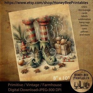 May include: A digital printable image of a pair of green elf boots with red and white striped stockings. The boots are surrounded by Christmas decorations, including a small elf, a candy cane, and a gift box. The image is 8 inches by 10 inches and is suitable for crafting projects such as decoupage, cards, labels, and sublimation.