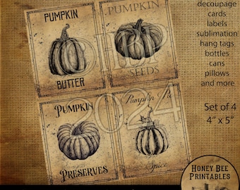 Digital Download, Printable, Decoupage, Vintage, Primitive, Fall, Autumn Pumpkin 4x5 black & white pantry labels, use for Jars, Cans, wood