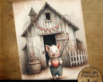 Digital Download, Printable, Decoupage, Primitive, Craft Supplies, Vintage, Rustic, Valentine, Barn, Farm Animals, Love, Primitive Pig
