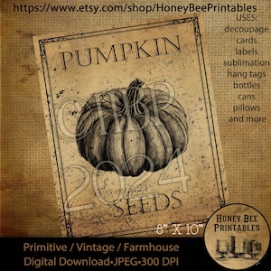 Op de afbeelding: Een vintage-stijl printbaar ontwerp met een zwart-witte illustratie van een pompoen met de tekst "PUMPKIN SEEDS" en "8" x "10". Het ontwerp is op een verweerde, verouderde papierachtergrond.