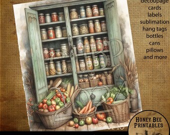 Digital Download, Printable, Decoupage, Vintage, Primitive, 8x10, Primitive Pantry, Buttery, Kitchen, Vegetables, Harvest, Canned Goods, 3