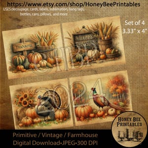 Vintage, Digital Download, Printable, Decoupage, Prim, Craft Supplies, Set of 4, 3.33 x 4, Thanksgiving, Turkey, Pheasant, Color Labels