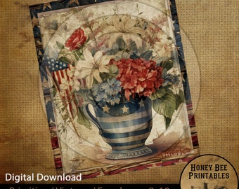 May include: A digital printable design featuring a vintage-style illustration of a bouquet of red, white, and blue flowers in a blue and white striped pitcher with stars. The pitcher is sitting on a red, white, and blue striped surface. The text "America" is visible in the lower right corner of the image. The design is perfect for patriotic home decor, crafts, and scrapbooking.
