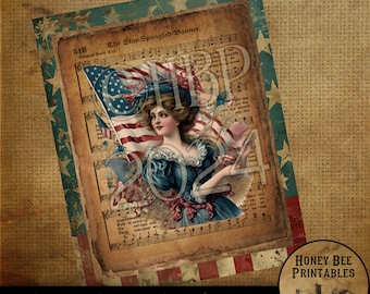 Digital nedladdning av vintage primitivt bondgårdsdecoupage, utskrivbar, patriotisk, stjärnspanglad banner, musik, stjärnor och ränder, flaggor, USA