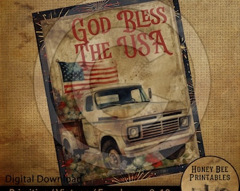 May include: A digital printable design featuring a white vintage pickup truck with an American flag in the bed. The truck is driving on a road with a red, white, and blue background. The text "God Bless the USA" is written in red and white letters on the top of the image. The image is 8x10 inches.