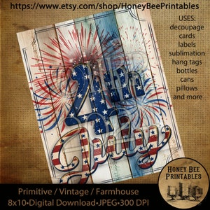 Bandera patriótica estadounidense, fuegos artificiales, 4 de julio, rojo, blanco y azul, estilo rústico, descarga digital imprimible, decoupage, granja primitiva vintage