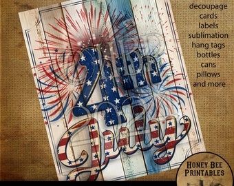 May include: A digital printable design featuring the words "4th of July" in a red, white, and blue patriotic style with a woodgrain background and fireworks. The design is perfect for crafting projects like decoupage, cards, labels, sublimation, hang tags, bottles, cans, pillows, and more. The design is 8x10 inches and 300 DPI.